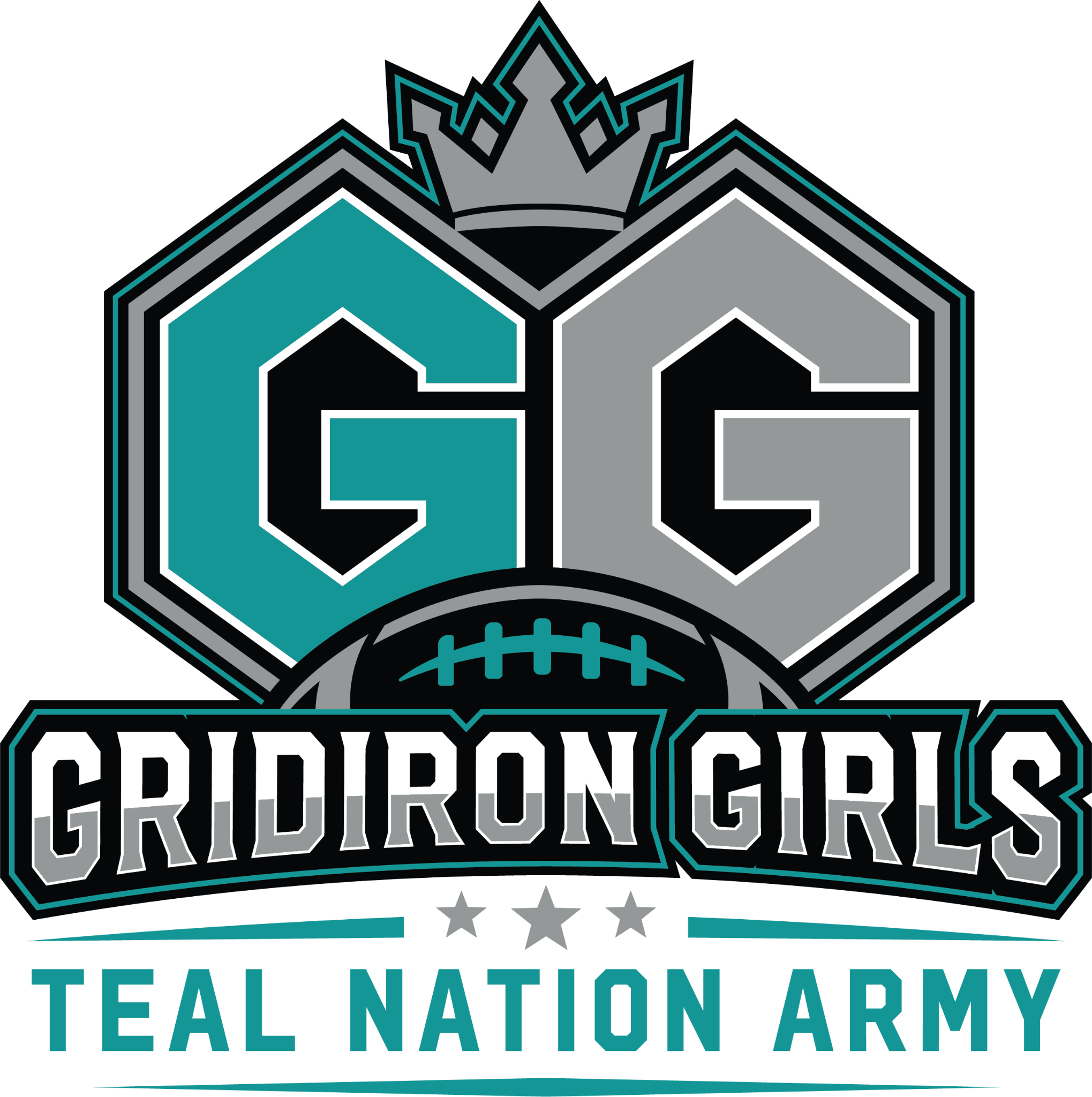 Gridiron Girls Teal Nation Army logo with crowned GG and football
